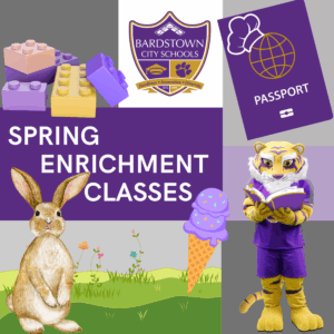 graphic representing classes offered - with legos, tiger reading, passport, ice cream and rabbit.
