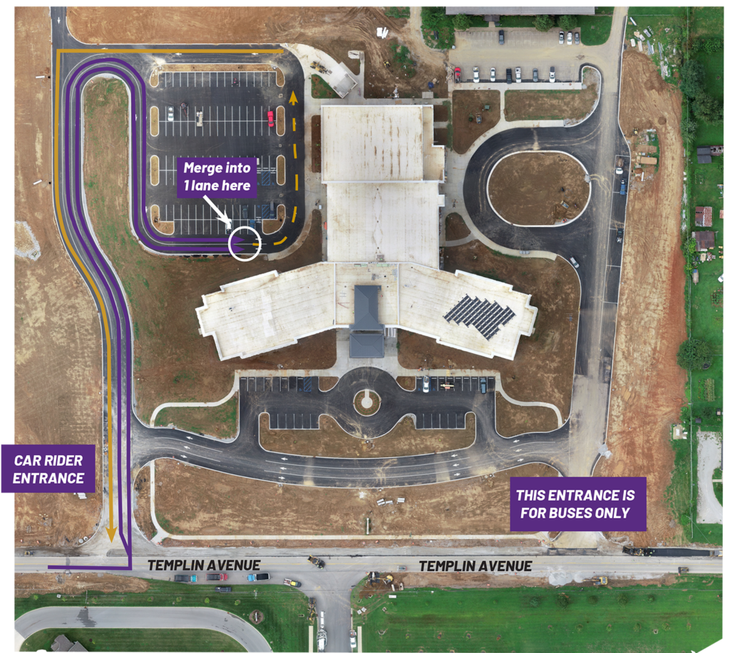 Aerial view of Bardstown Elementary School. Roads of parking lot for pick up drop off